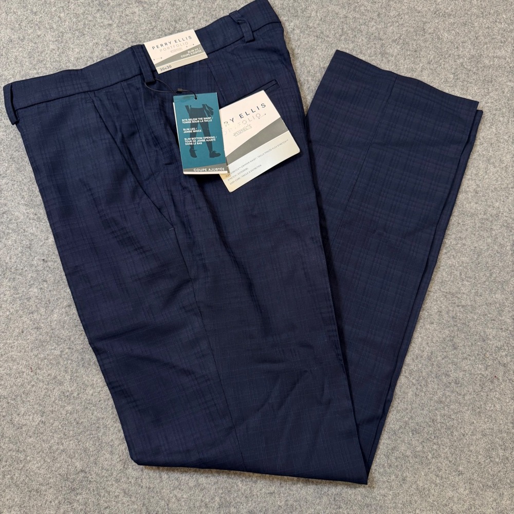 Perry Ellis Portfolio Slim Fit Navy Blue Crosshatch Dress Pants 30x30 NWT